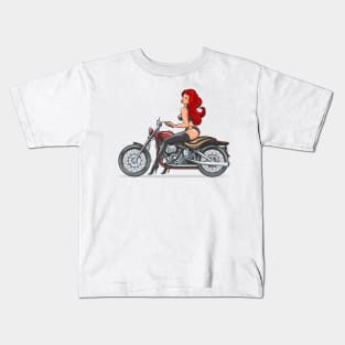 Red hair Sexy Girl on Vintage motorcycle Kids T-Shirt